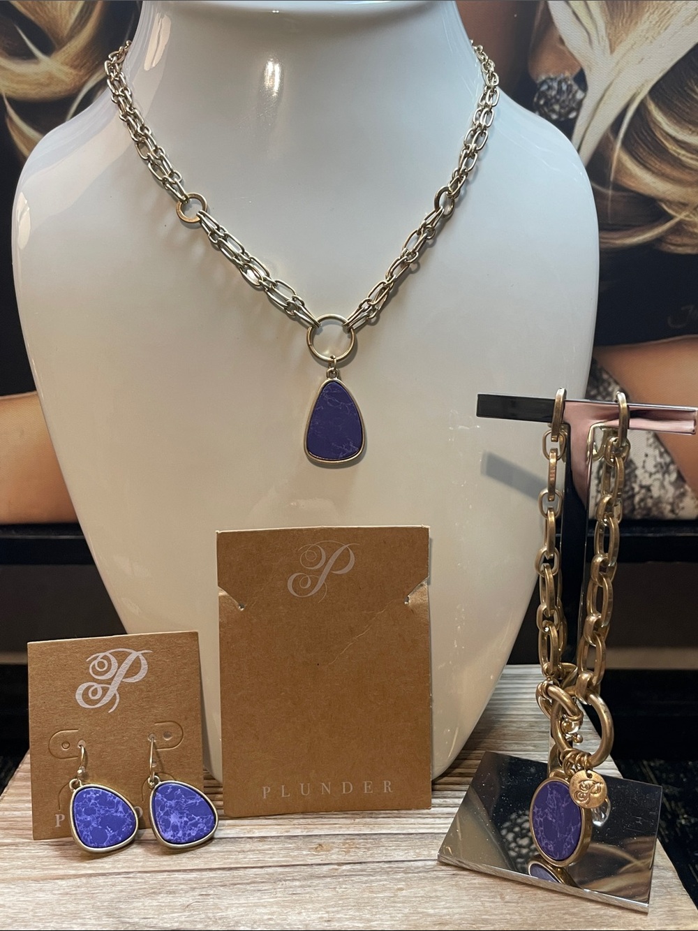 Plunder Gold-Tone Chain Necklace and Earring Set with Purple Stones